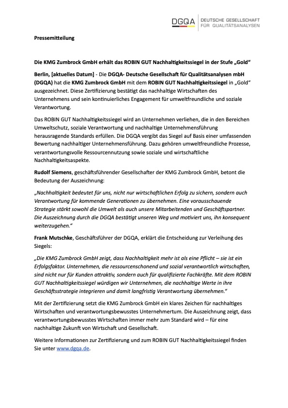 Pressemitteilung KMG Nachhaltigkiet